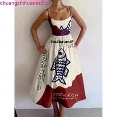 Vestido de alcinha com estampa simétrica de estilo étnico, novo modelo em promoção (28467) 0717