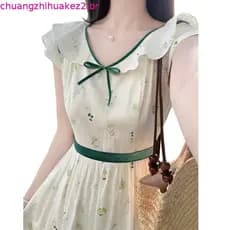 Francês pequeno manga voadora verde Floral vestido feminino verão 2026 novo estilo venda quente único bonito saia longa