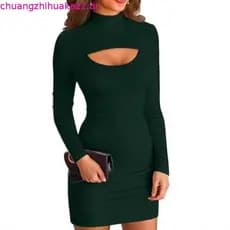 Vestido Curto Manga Longa Tubinho Decote Canelado Inverno Tecido Ribana Premium Moda Feminina Inverno com Gola Alta