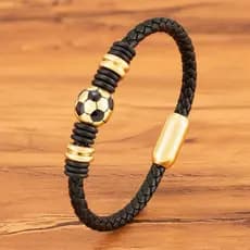 Moda Botão De Aço Inoxidável Pulseira De Couro Acessórios De Futebol Tecido À Mão Simples Preto Pulseiras Masculino Jóia