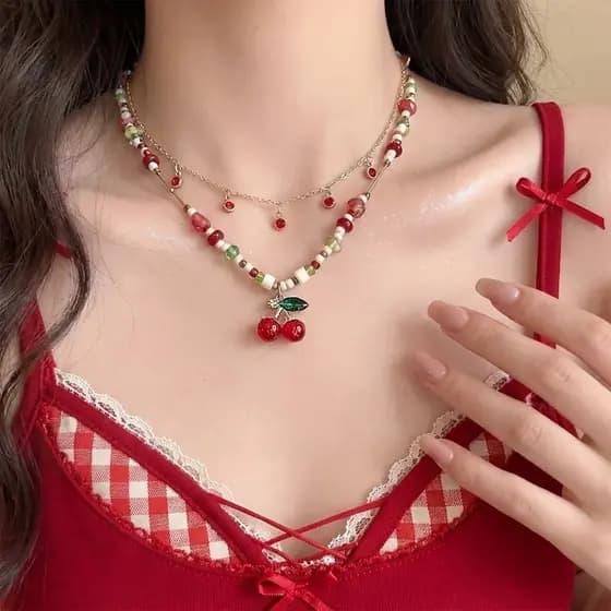 Doce Vermelho Cereja Pingente Frisado Colares Para Mulheres Temperamento Clavícula Corrente Jóias Acessórios