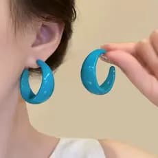 Brincos circulares em forma de C azul estilo Hong Kong retrô brincos geométricos exclusivos e exclusivos da moda