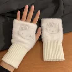 Luvas de Pelúcia Sanrio Hello Kitty para Meninas, Luvas de Inverno de Meio Dedo, Estilo Anime Kawaii, Macias e Protetora