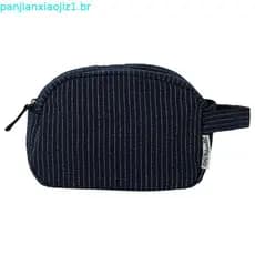 Bolsa cosmética portátil de grande capacidade com listras clássicas, tecido de linho de algodão, zíper escuro, produtos