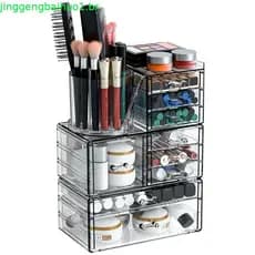 Clear Acrylic Makeup Organizers for Vanity,Countertop,3 Pack Make up Drawer Organizer With Makeup Brush Holder,Plastic S