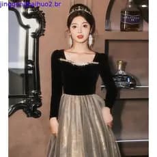 Vestido De Noite De Banquete De Veludo Preto Para Mulheres , Elegante , Manga Comprida , Slim , Vestidos De Princesa , J