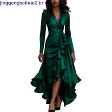 Vestido Feminino Com Decote Em V Manga Comprida Babado Bainha Bodycon Casual Vestidos De Festa De Coquetel Fenda Alta