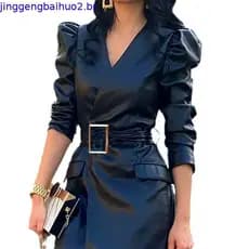 Primavera Feminina Vestido Com Decote Em V Cintura Cinto Suave Couro Falso Mangas Compridas Bolha Cor Só