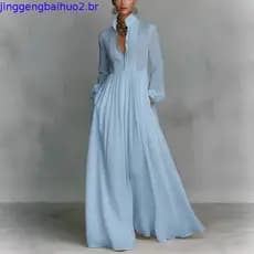 Vestido Longo Feminino de Manga Comprida, Cor Sólida e Corte Justo