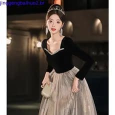 Vestido De Noite De Banquete De Veludo Preto Para Mulheres , Elegante , Manga Comprida , Slim , Vestidos De Princesa , J