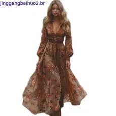 Vestido Primavera Outono Com Decote Em V Estampa Floral Digital Plissado Maxi Evasê Mangas Compridas De