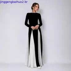 Vestido De Festa Solto Casual Feminino De Manga Comprida Com Bloqueio De Cores