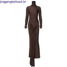 Vestido Longo Slim Fit De Manga Comprida Elegante Com Alça Patchwork De Cor Sólida Para Mulheres