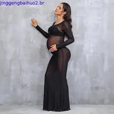 Vestido Longo Elegante de Malha para Gestantes com Mangas Compridas para Casamento, Festa e Fotografia QH603