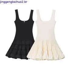 Vestido Csole Feminino Fofo com Decote em U e Top Sem Mangas, Novo Vestido Simples e Versátil de Outono
