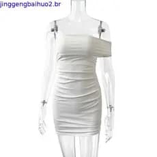 Vestido de um ombro só com decote assimétrico mais vendido, nova saia bodycon de um ombro só, saia curta plissada.