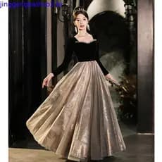 Vestido De Noite De Banquete De Veludo Preto Para Mulheres , Elegante , Manga Comprida , Slim , Vestidos De Princesa , J