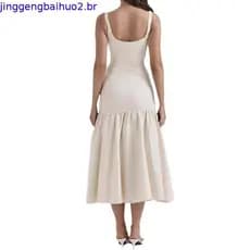 Women Long Dress Pure Color Evening Women’s Backless Slim Fit Midi with Ruffle Hem Low-cut Pleated Big Swing Party Pro