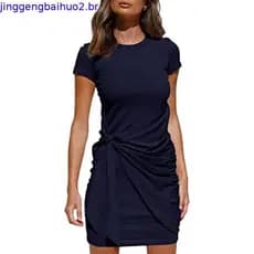 2022 vestido Irregular de manga curta com gola redonda e cinto plissado