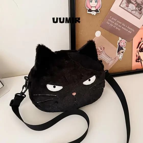 Bolsa Crossbody Umir , De Gato Preto Peludo Com Design De Desenho Animado Ombro De Pelúcia Moderna De Grande Capacidade