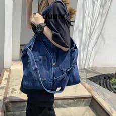 Bolsa Casual , De Tecido Jeans Azul Ombro Prática Com Zíper Em Formato Quadrado