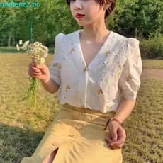 blusa feminina elegante blusa branca feminina Csa de manga curta bordado floral de manga comprida feminina de verão s