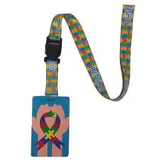 Kit Chaveiro Cordão Fecho Engate Rápido Autismo Quebra-Cabeça Azul + Porta cartão Personalizado Emborrachado Autista Aut