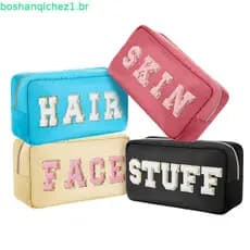 Cunno 4 Peças de Necessaires de Maquiagem Estilo Preppy com Letras em Chenille, Bolsas de Nylon para Cosméticos com Zípe