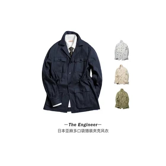 Reabastecendo chegada o engenheiro masculino primavera outono tecido de linho japonês Multi-bolso jaqueta de caça blusão