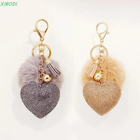 XIBODI Chaveiro De , Bola De Pele Rhinestone Liga Sólida Cor Furball Girl