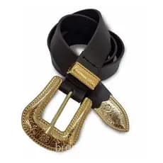 Cinto Country Feminino Couro Preto Fivela Dourada Barato