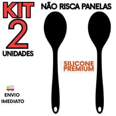 Kit 2 Colheres de Silicone Preta Resistente ao Calor Não Risca Panelas Utensílio de Cozinha Durável