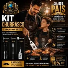 Kit Churrasco 3 Peças Premium | DIA DOS PAIS | Espátula + Garfo + Pegador em Aço Inox com Cabo Plástico Resistente |