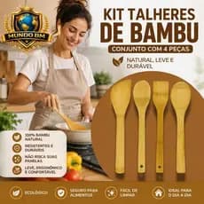 Kit 4 Utensílios de Bambu para Cozinha | Colher de Arroz + Colher Oval + Espátula Reta + Espátula Curva | Resistente