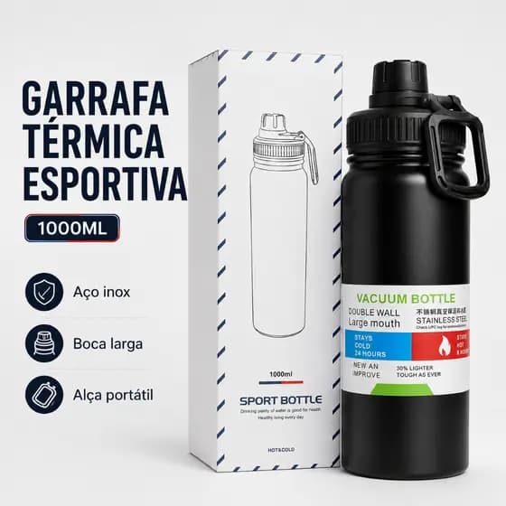 Garrafa Térmica Esportiva 1L Inox 1000ml com Alça Boca Larga para Academia Ciclismo