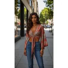 Cropped Boho Chic Feminino Amarração Frontal Manga Flare Estilo Indiano Leve Verão