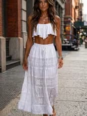 Saia Longa Boho Chic Branca Feminina Renda Laise Cintura Ajustável Leve Verão