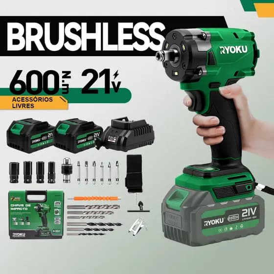 Chave De Impacto Brushless 600 Nm 2 Baterias 21v Sem Fio RYOKU Com Maleta