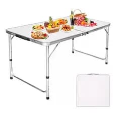 Kit Mesa Dobrável Portátil Vira Maleta Camping Churrasco 120X60cm com 4 Banquinhos Dobráveis Brancos