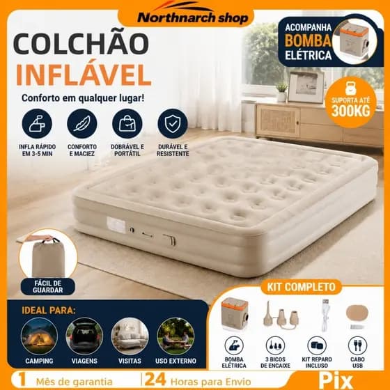 Colchão Inflável Casal Queen Vem Com Uma Bomba Inflável De Bateria De Lítio Embutida E Removível 200*150*25cm
