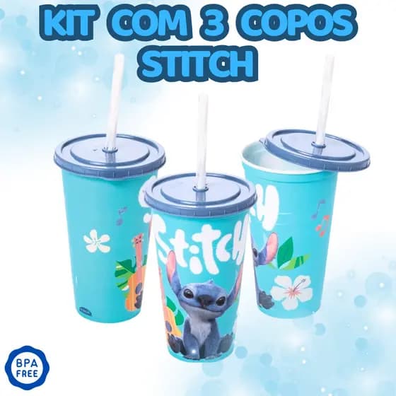 Kit Com 3 Copos Stitch Disney Infantil Com Tampa e Canudo Plasútil 500 ML