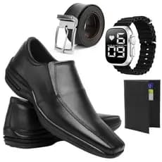 Sapato Social Couro Ortopédico Masculino + Cinto Couro + Relógio Digital Pronta Entrega Promoção