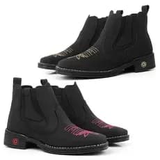 Bota Chelsea Kit 2 Feminina Preta Bordada Colorida Elástico Lateral Confortável Coutry Roça
