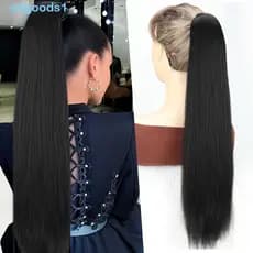 Aplique de Cabelo em Rabo de Cavalo Liso e Longo ALLGOODS, Peruca com Faixa Elástica Macia de 24 Polegadas, Preto e Marr