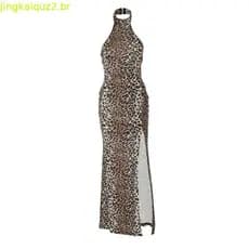 Vestido longo Dulzura sem ombros, sem mangas, costas abertas, ajustado, com fenda lateral, botões, estampa de leopardo,