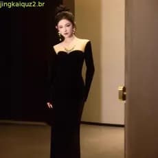 Vestido De Noite De Banquete De Veludo Preto Para Mulheres , Elegante , Manga Comprida , Slim Fit , Vestidos Rabo De Pei