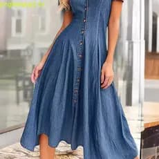 Vestido Csa Jeans Feminino Com Botões , Verão , Manga Curta , Lapela , Decote Em V , Midi , Linha Pli