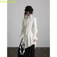 06 nicho legal brilho babados Design sentir assimétrico cintura estreita manga comprida csa branca feminina outono in