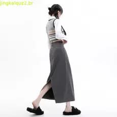 ZYZA saia reta cinza feminina outono inverno usar cintura alta mais magro olhar terno saia longa a linha saia um passo