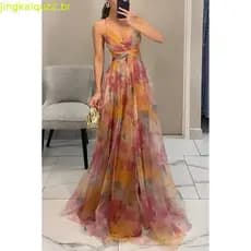 Vestido de Alcinha Estampado em Tela, Novo para Primavera/Verão 2026, Estilo Europeu e Americano, para Férias e Festas C